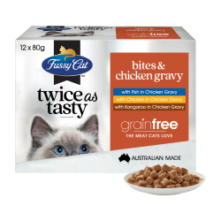 Fussy Cat 無穀物貓濕包 - Twice as Tasty - Bites & Chicken Gravy (魚肉+雞肉+袋鼠肉  雞肉汁)   80g x12包原盒優惠 (深橙) 