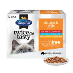 Fussy Cat 無穀物貓濕包 - Twice as Tasty - Mince & Jelly (牛肉+吞拿魚+雞肉  雞肉啫喱)   80g x12包原盒優惠 (橙)
