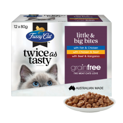 Fussy Cat 無穀物貓濕包 - Twice as Tasty - Little & Big Bites (魚雞+雞牛+牛袋鼠)   80g x12包原盒優惠 (紫)