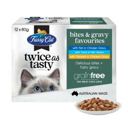 Fussy Cat 無穀物貓濕包 - Twice as Tasty - Bites & Gravy Favourites (魚肉+吞拿魚+雞肉  雞肉汁)   80g x12包原盒優惠 (深綠)