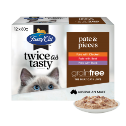 Fussy Cat 無穀物貓濕包 - Twice as Tasty - Pate & Pieces (雞肉+牛肉+鴨肉)   80g x12包原盒優惠 (淺啡)