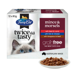 Fussy Cat 無穀物貓濕包 - Twice as Tasty - Mince & Morsels (牛羊+魚雞+牛袋鼠)   80g x12包原盒優惠 (棗紅) 