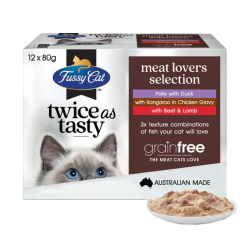 Fussy Cat 無穀物貓濕包 - Twice as Tasty - Meat Lovers Selection (鴨肉+袋鼠肉+牛羊)   80g x12包原盒優惠 (啡) 