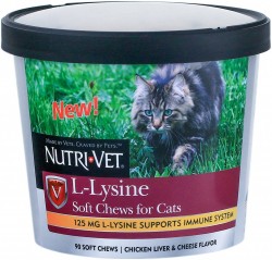 【購買正價貨品滿$300/$800可換購】　　　 Nutri-Vet L-Lysine (離胺酸) 貓軟粒 (雞肉+芝士味) 90粒  到期日: 11/2022
