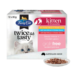 Fussy Cat 無穀物幼貓濕包 - Twice as Tasty - Kitten 2 to 12 months (雞肉+吞拿魚+牛肉  雞肉汁)   80g x12包原盒優惠 (粉紅)